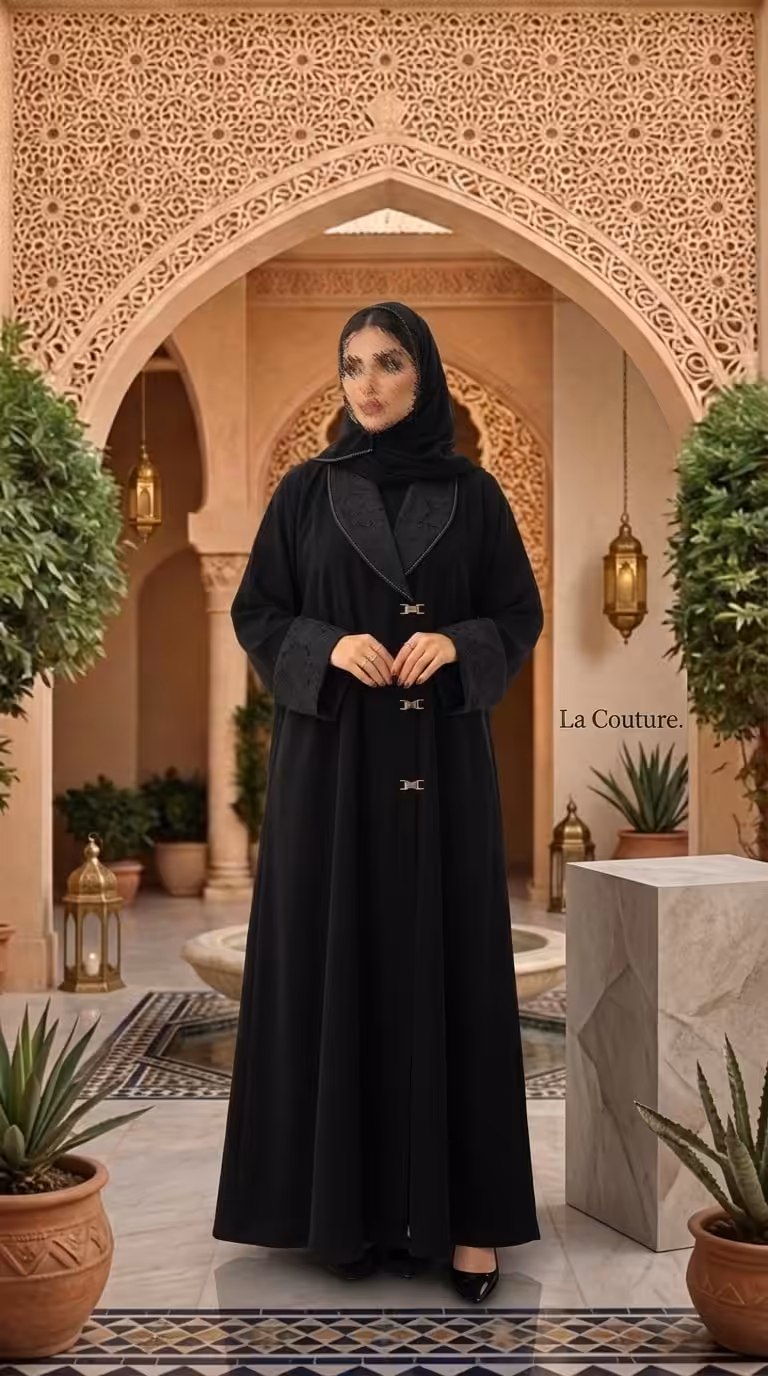 عباية كريب أسود بياقة جاكار أنيقة