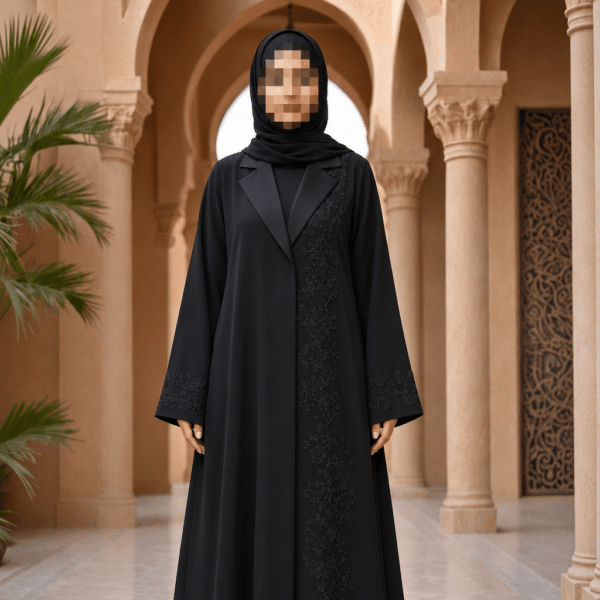 عباية كريب سوداء بتطريز ورد جانبي ناعم