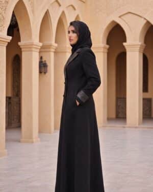 عايز زى الصورة دى image 1 من الجانب (اليسار) لعارضة الازياء والعبائة  وتاكد من تشويش الوجة بشكل مكثف و  نفس الباك جروند بنفس